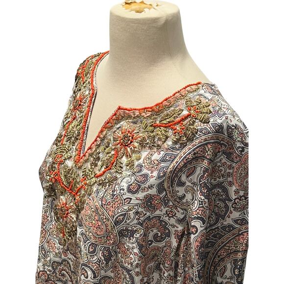 Soft Surroundings Womens M Top Paisley Floral Beaded Tunic Boho Embellished - Picture 3 of 6